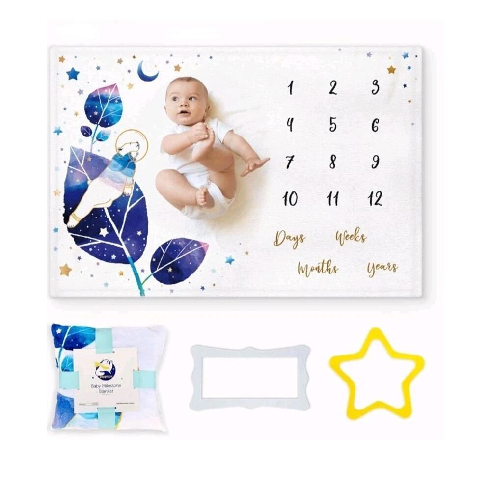 Poppicon Baby Milestone Blanket with Starry Night Design, Includes Star and Grey